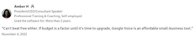 Google Voice user review highlighting budget-friendly features