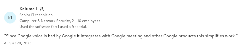 Google Voice user review praising Google ecosystem integration