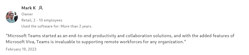 Microsoft Teams user review from Liezel T. highlighting collaboration features