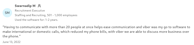 Viber user review highlighting business communication benefits and cost savings