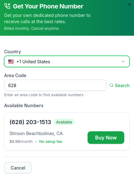 YappaCall dedicated phone number purchase interface - $9.99/month