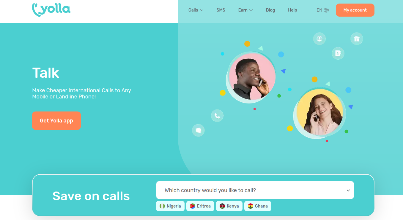 Yolla international calling app interface with country selection and rates