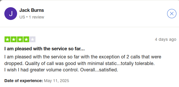 Yolla user review highlighting good call quality with minimal static and overall satisfaction