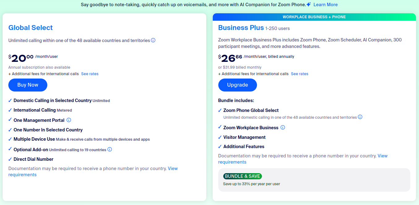 Complete Zoom Phone pricing table showing Metered, Regional Unlimited, and Global Select plans with detailed features