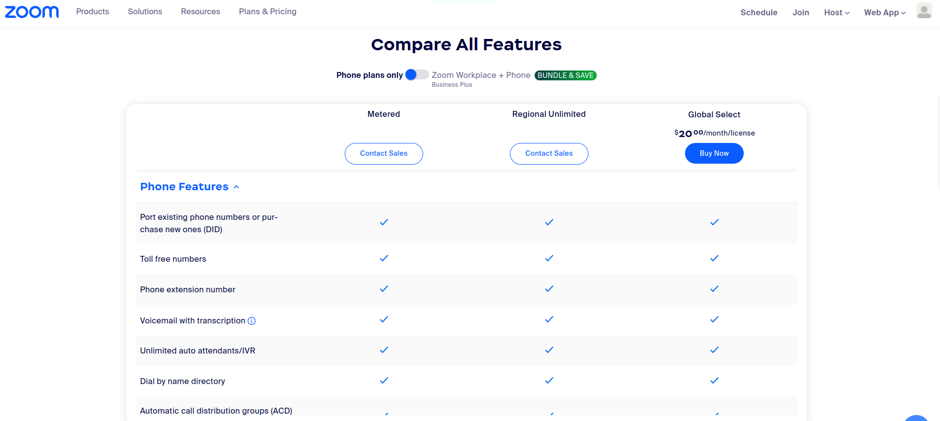 Zoom Phone pricing comparison showing Global Select at $20 per month per license