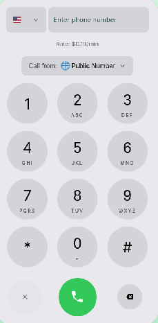 YappaCall dialer showing simplified international landline entry