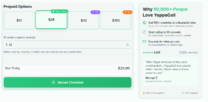 YappaCall credit purchase screen for international landline calling